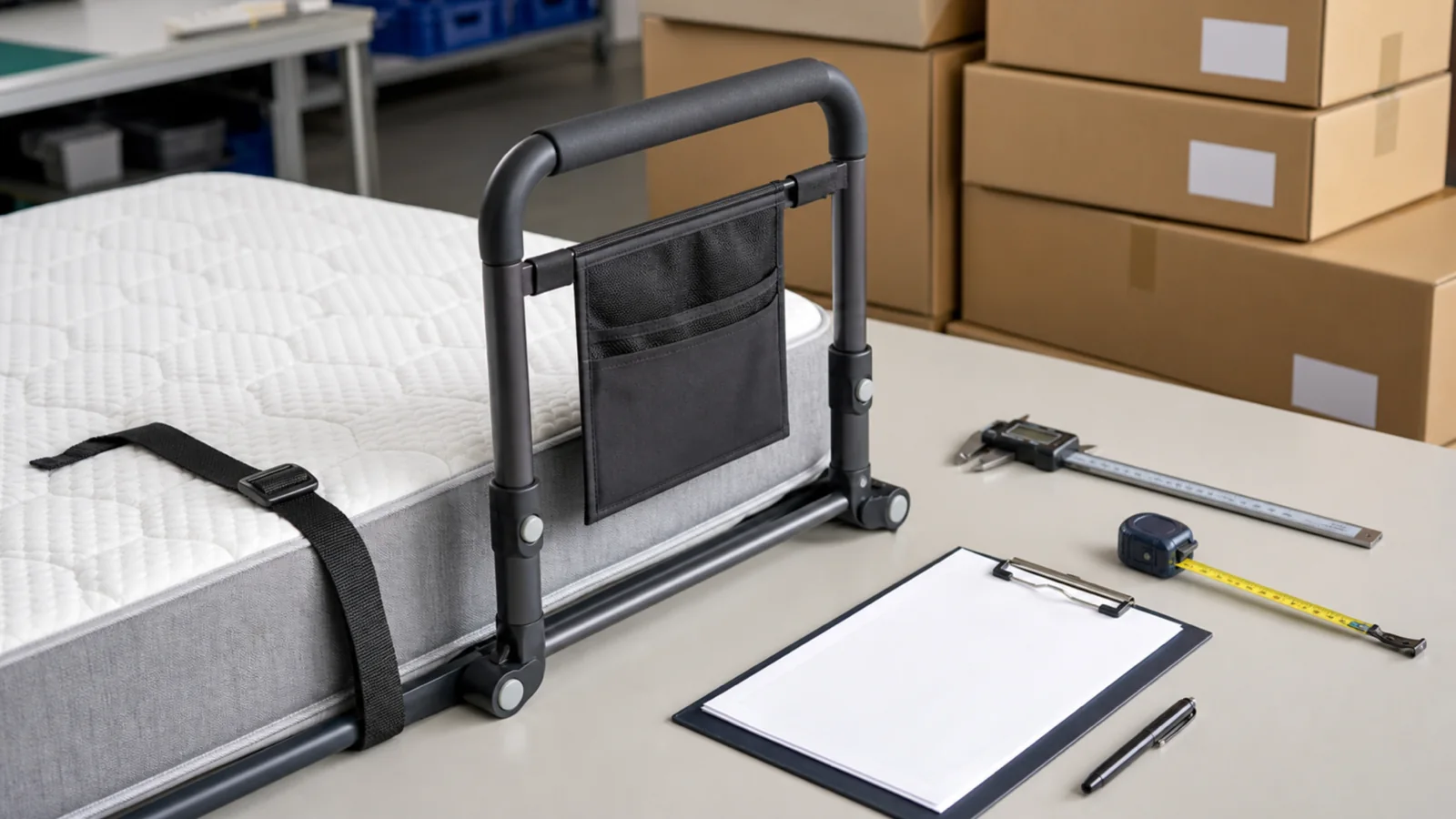 Neutral illustrative inspection of a generic adult portable bed rail, mattress setup, retention strap, caliper, checklist, and cartons before China shipment