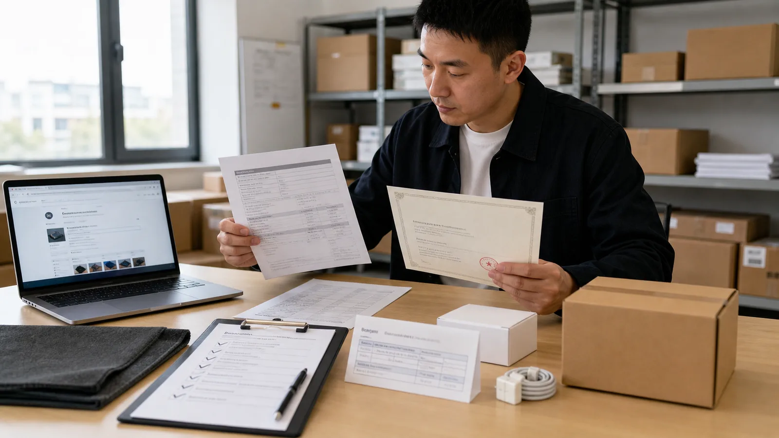 Agent Huang reviewing an Alibaba supplier profile, business documents, payment instructions, product sample, and checklist before buyer payment