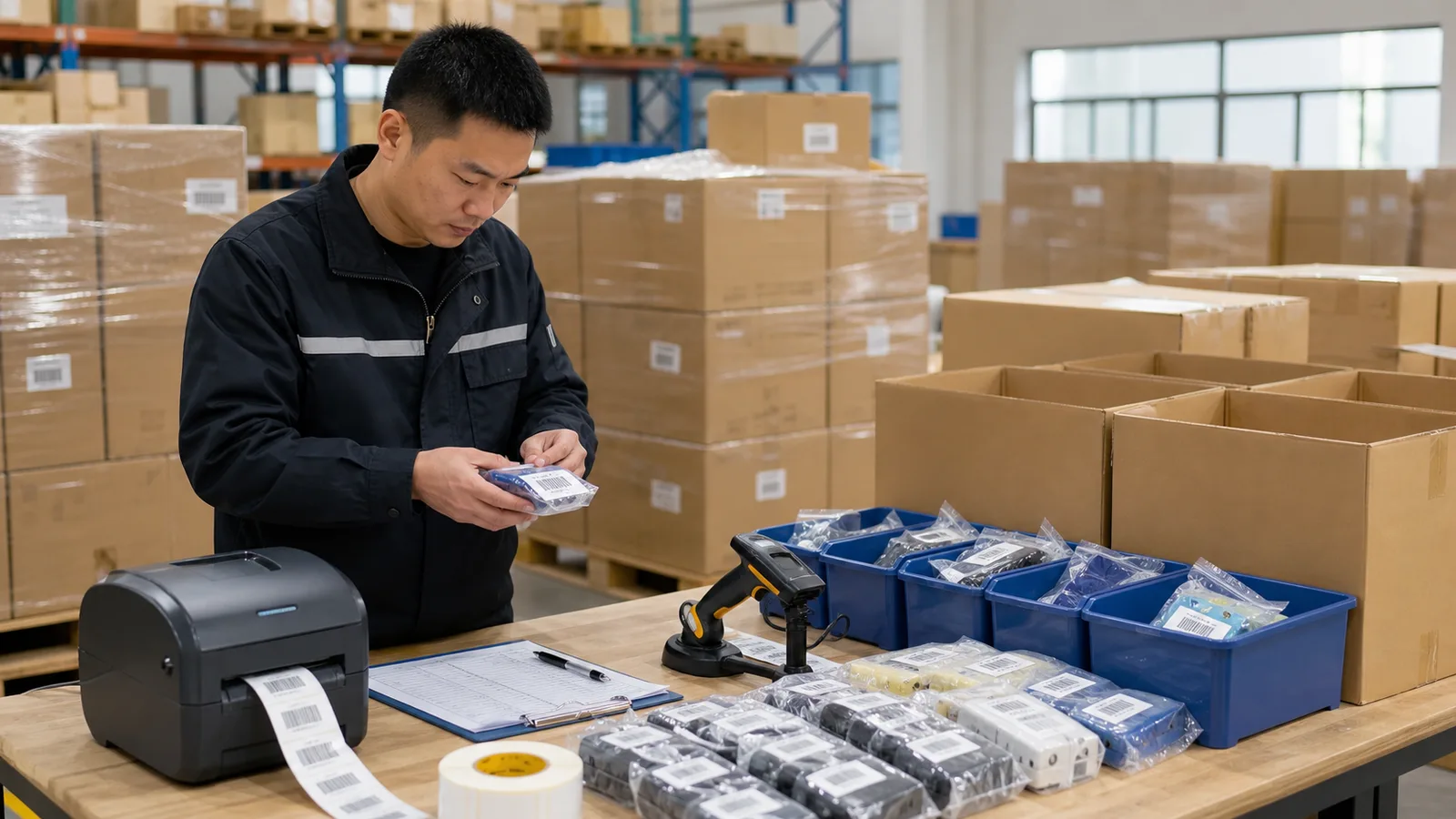 Agent Huang checking FNSKU labels carton labels and SKU separation for Amazon FBA prep in China