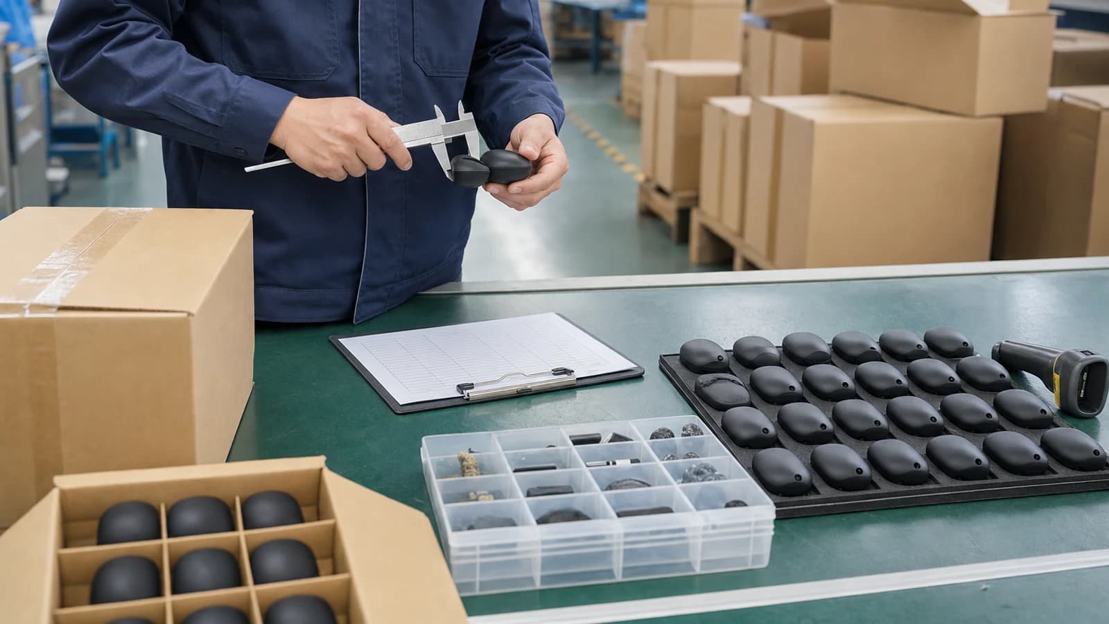 Inspector measuring sampled products beside packed cartons during an AQL inspection in China