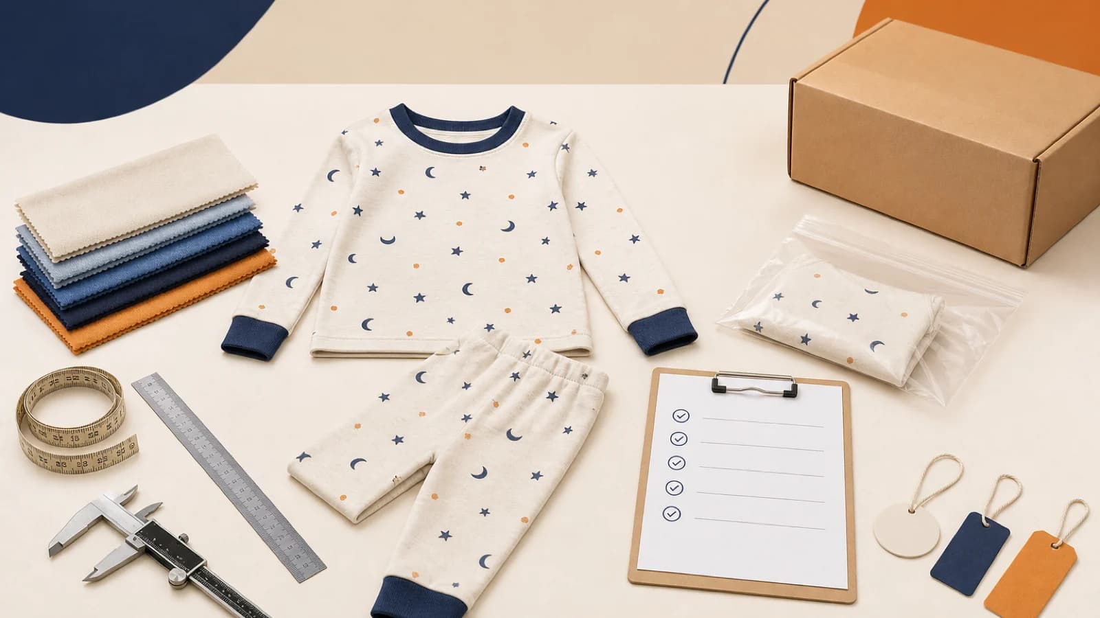 Neutral AI illustration of unbranded children's pajamas, fabric swatches, measuring tools, blank labels, checklist, and carton on an inspection bench