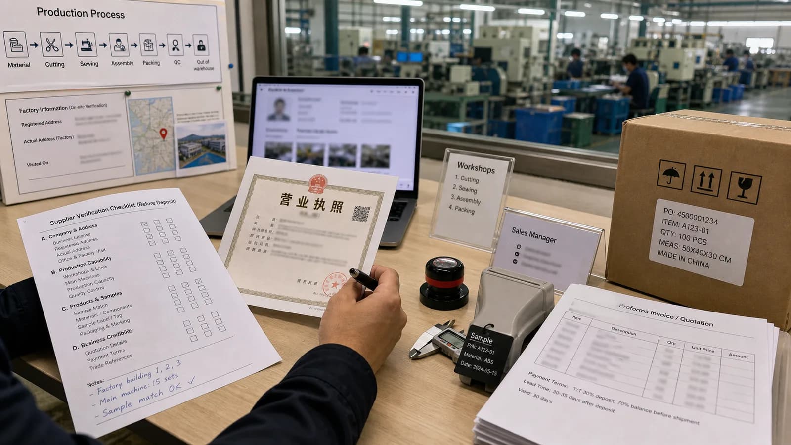 Agent Huang checking factory and trading company verification signals in China before deposit
