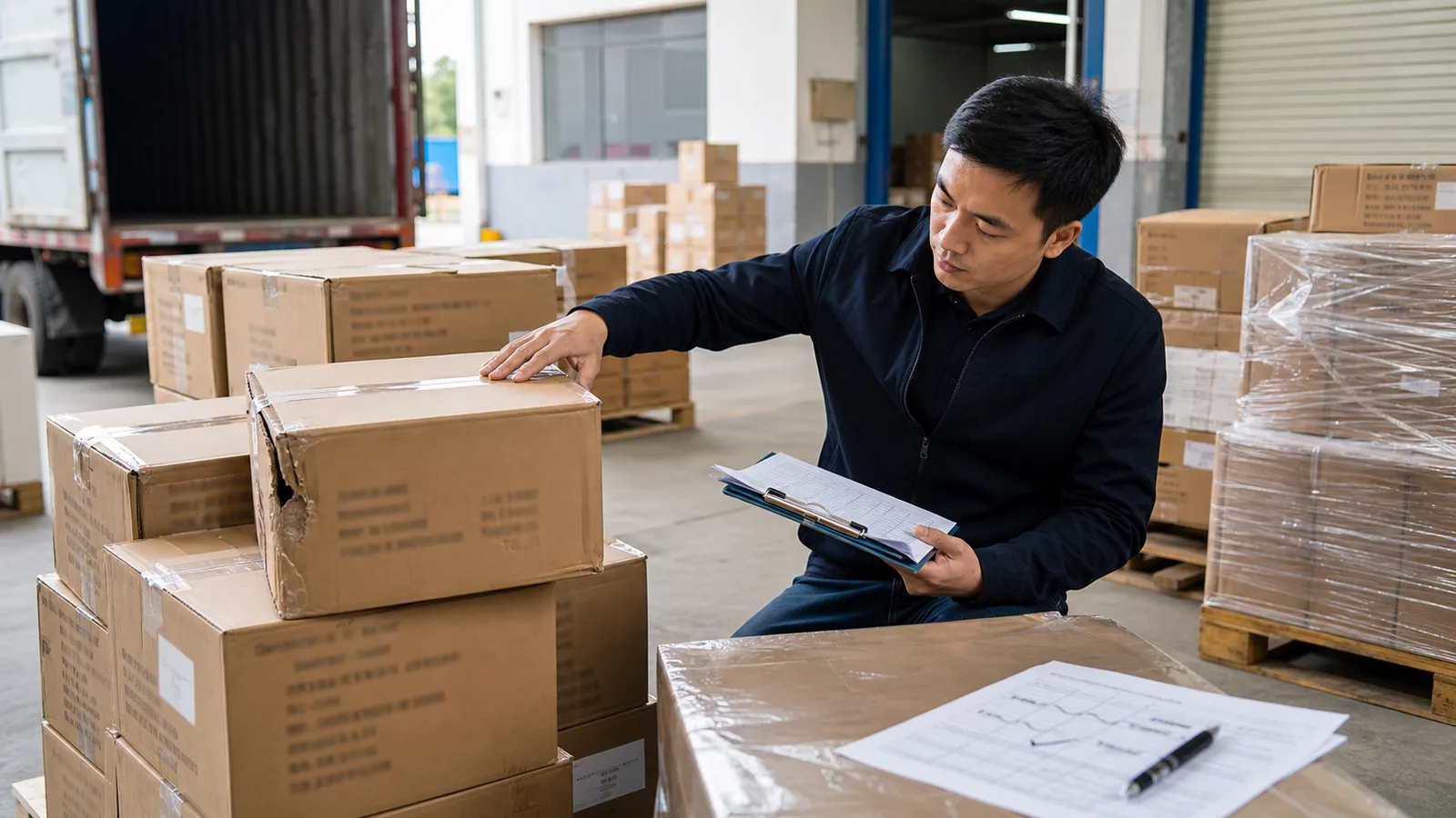 Agent Huang checking damaged export cartons and pickup paperwork before forwarder pickup in China