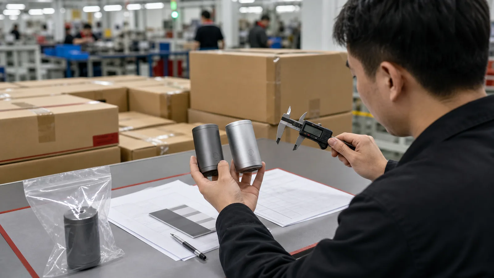 Quality inspector comparing an approved reference sample with a bulk-production unit at a factory worktable in China
