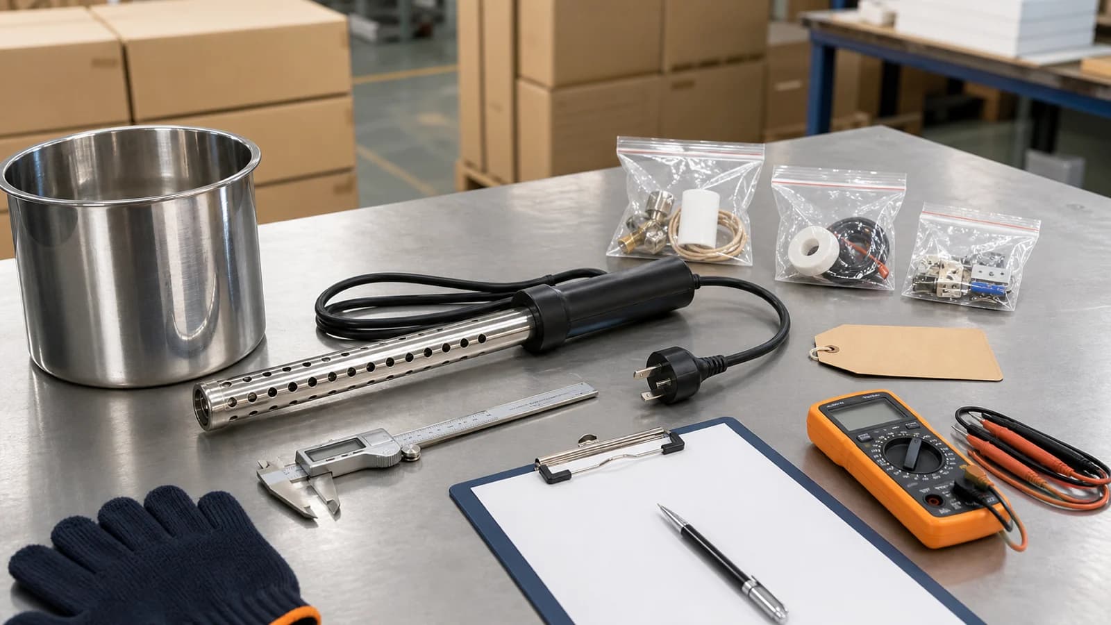 Neutral illustrative inspection of an unplugged generic immersion water heater, cord, plug, caliper, multimeter, checklist, and cartons before China shipment