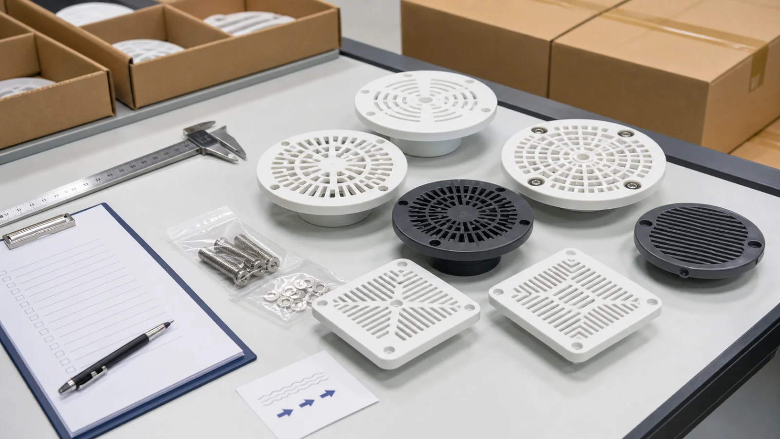 Neutral illustrative quality-control bench with generic unbranded pool drain cover samples, caliper, fasteners, checklist, and cartons before China shipment