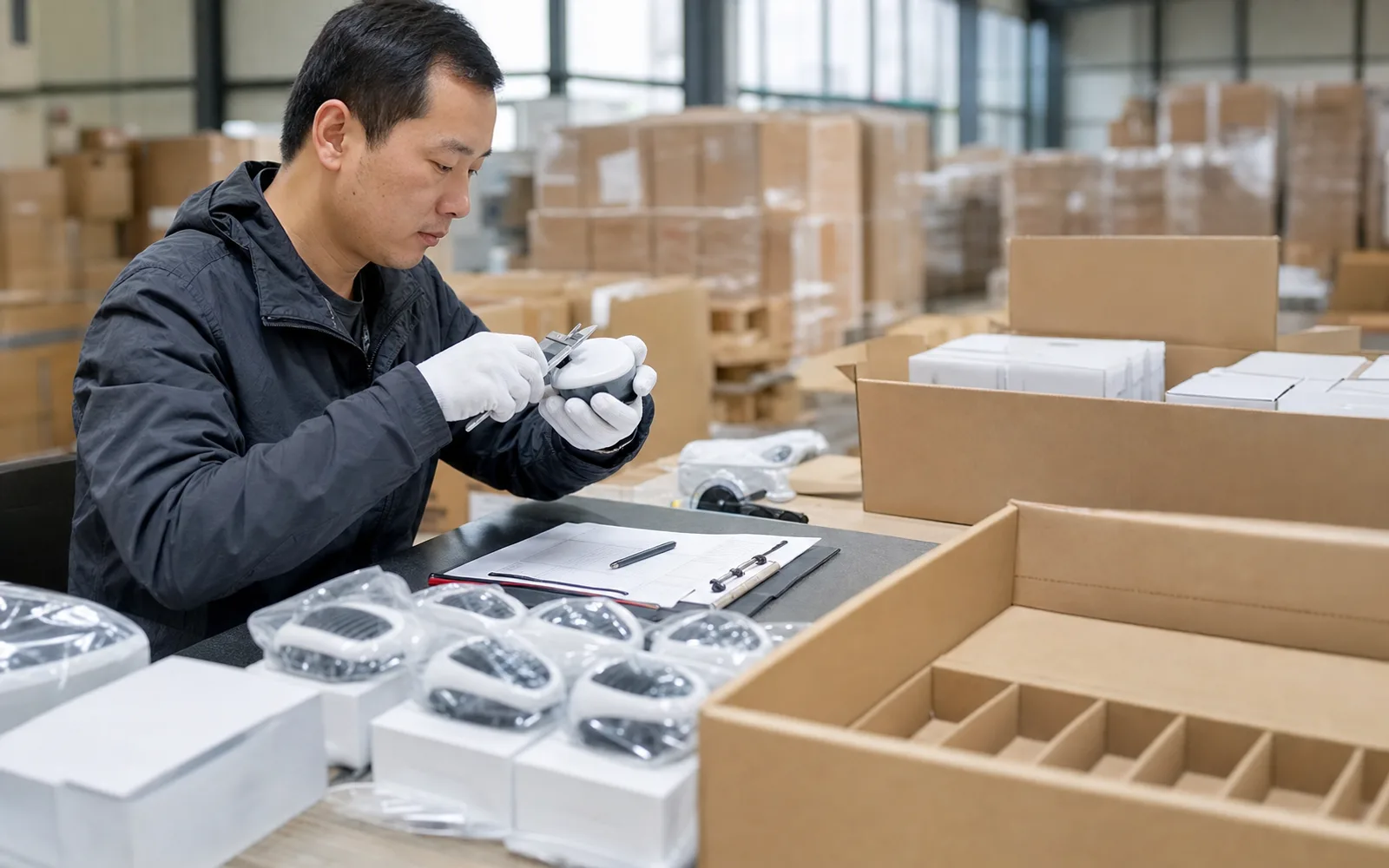 QC inspection in China checking product packaging and carton labels before pickup
