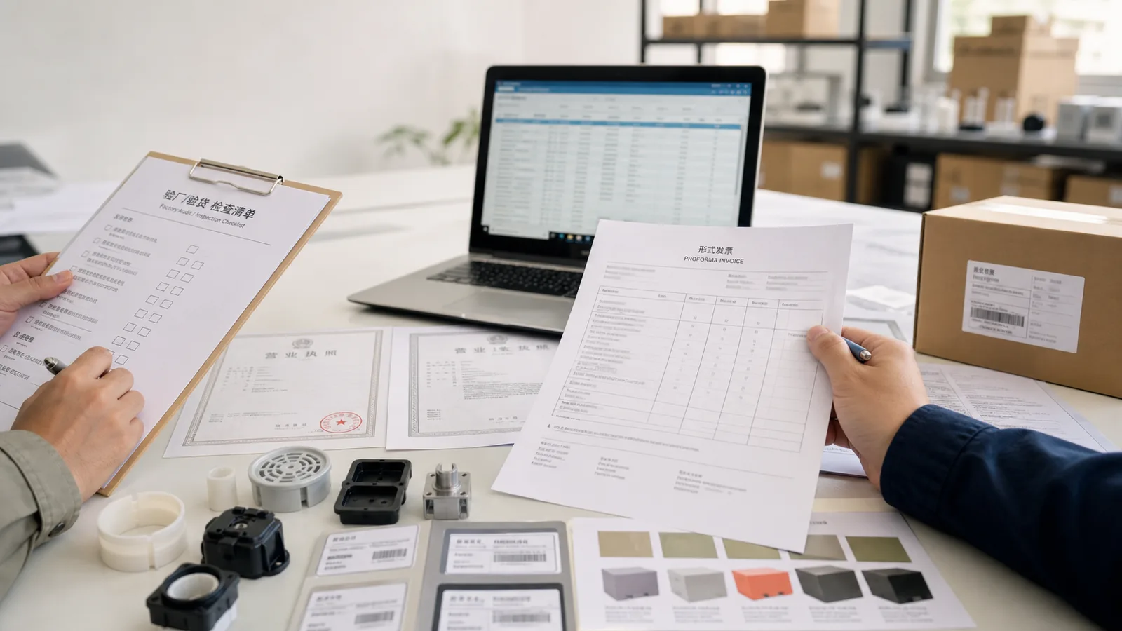 Agent Huang checking supplier verification documents, payment evidence, samples, and carton labels in a China factory office