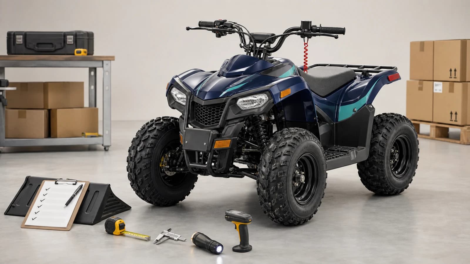 Neutral AI illustration of an unbranded youth ATV in a buyer-side inspection area with a checklist, wheel chock, caliper, flashlight, and barcode scanner
