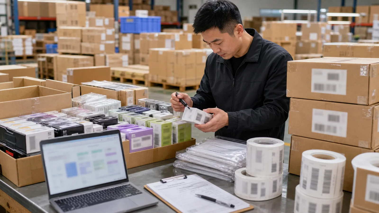 Agent Huang checking SKU separation and FBA prep evidence for Amazon sellers in China