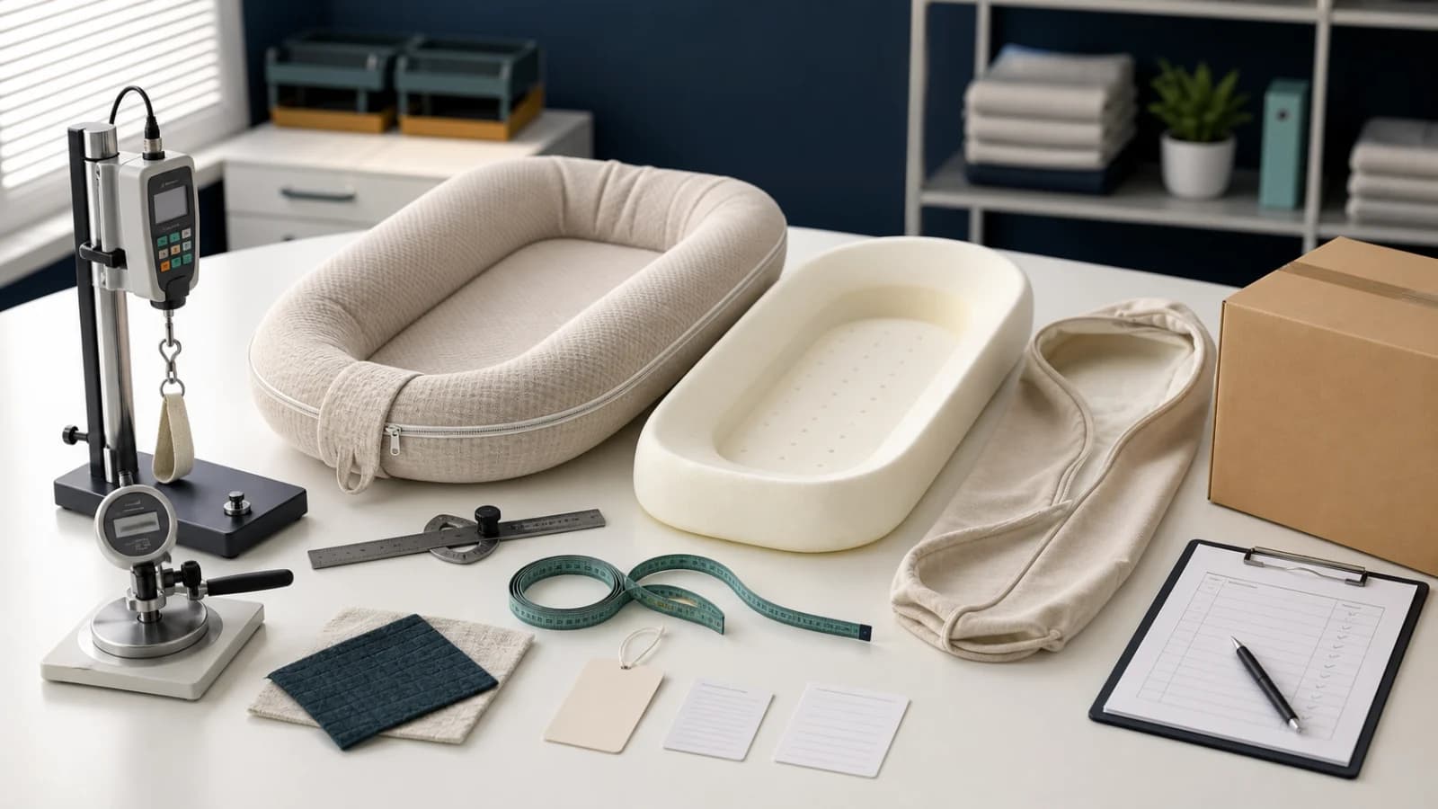 Neutral AI illustration of an empty unbranded baby lounger, foam insert, cover, measuring tools, test fixtures, blank labels, checklist, and carton on an inspection bench