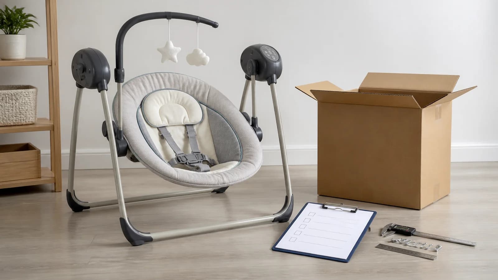 Neutral AI illustration of an unbranded infant swing beside a blank inspection checklist, measuring tools, fasteners, and an open shipping carton