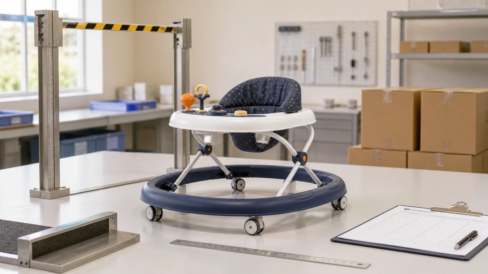 Neutral AI illustration of an unbranded infant walker beside a doorway gauge, step-edge fixture, ruler, blank checklist, and export cartons on a quality-control bench