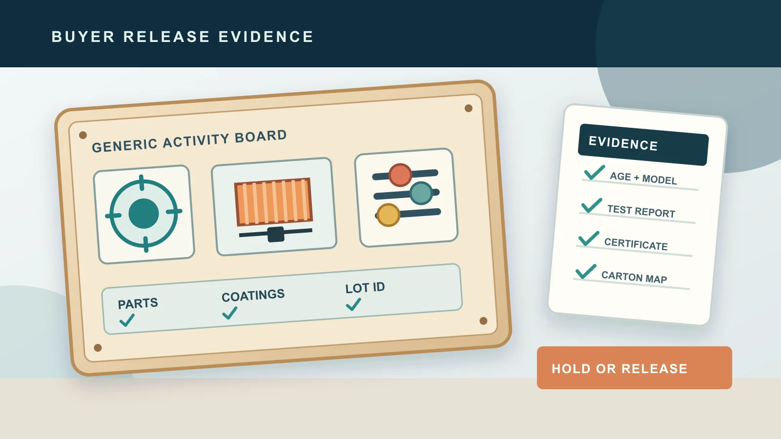 Original schematic of a generic unbranded busy board, showing attached parts, coated hardware, an evidence card, and a carton label; not a recalled product or test result