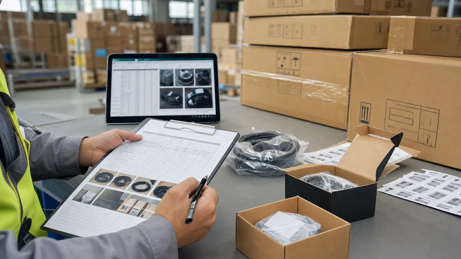 Buyer-side QC inspector reviewing a photo-backed inspection report beside export cartons, product samples, packing evidence, and label sheets