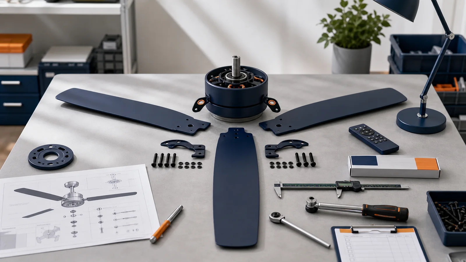 Neutral AI illustration of an unbranded ceiling fan inspection setup with blades, brackets, fasteners, measuring tools, and a checklist
