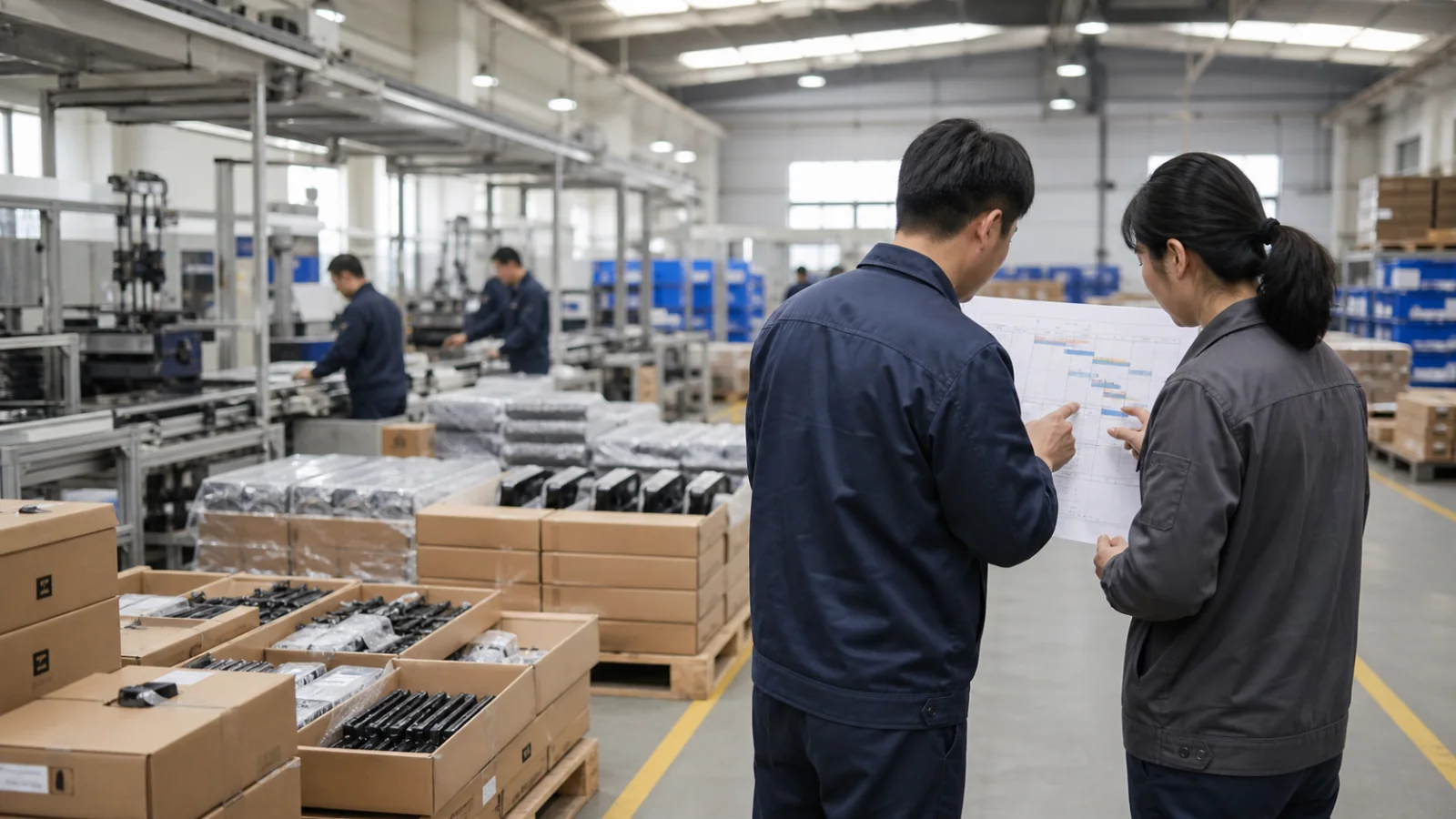 Illustrative production timeline and milestone review inside a China factory