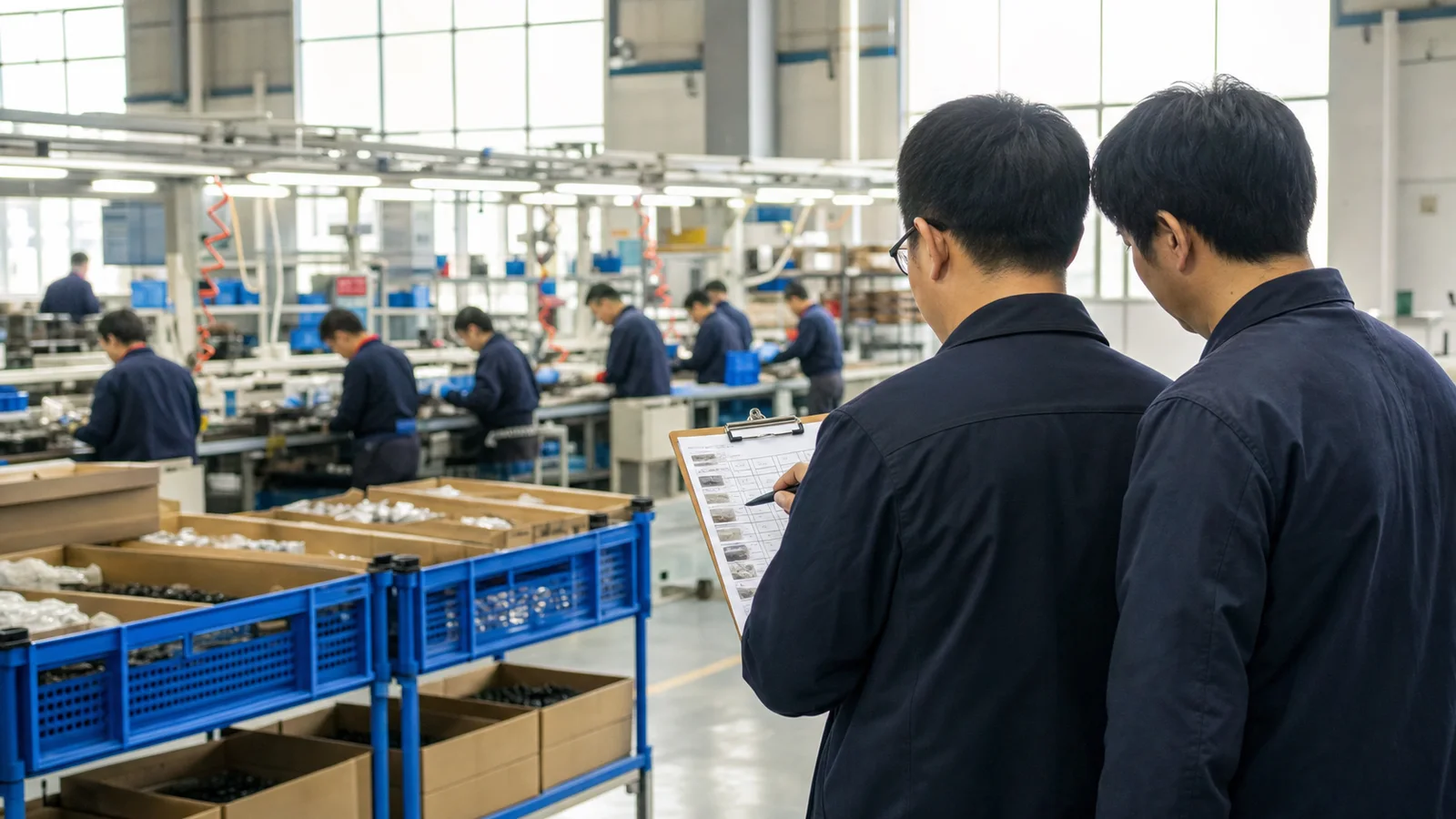 Buyer-side professionals checking the production site behind a China supplier order