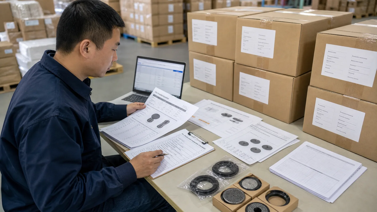 China QC inspector reviewing product specs, packing files, sample parts, and export cartons before an inspection booking