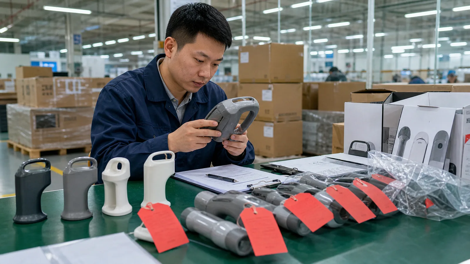 China-side QC inspector separating failed product samples with red defect tags before a rework decision