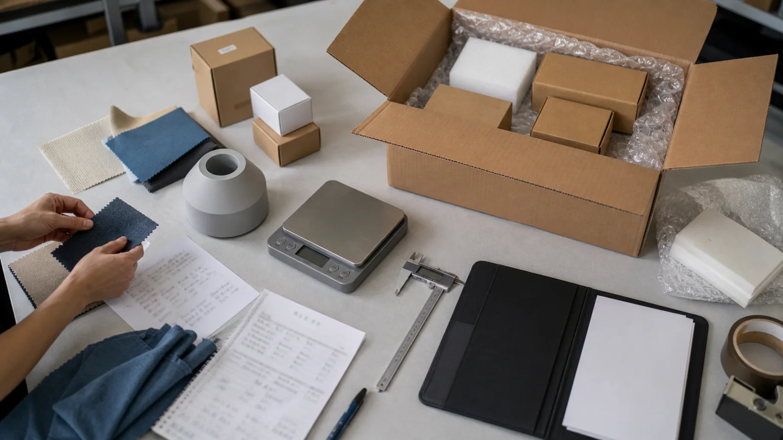 China-side product samples organized for customs documentation and consolidated courier shipping to the United States