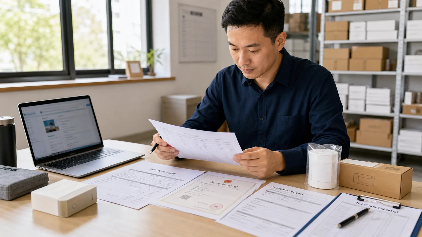 Agent Huang reviewing supplier documents, a pro forma invoice, payment terms, and product samples before a 30 percent deposit decision in China