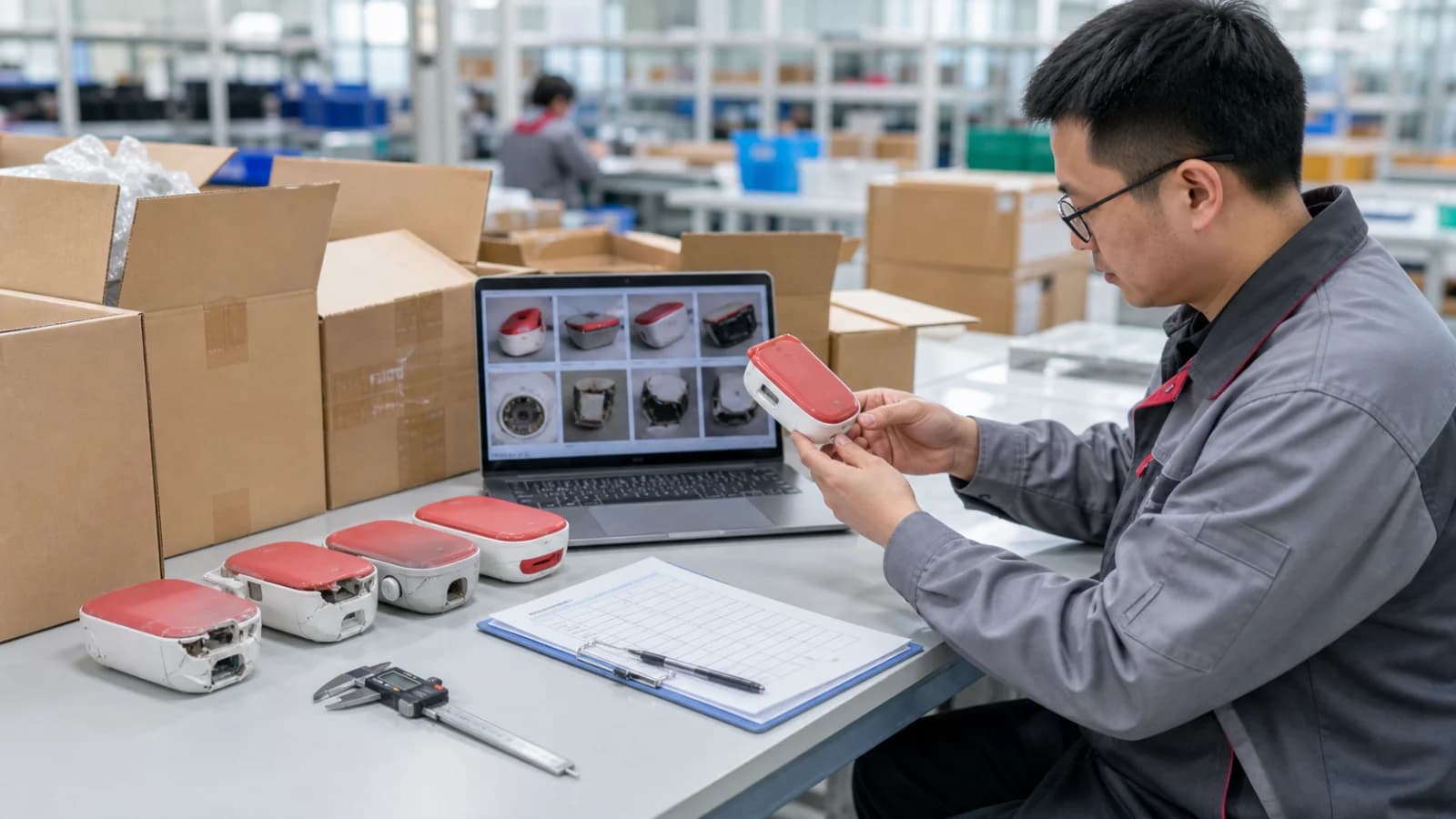 China quality inspector documenting defective products, comparison samples, cartons, measurements, and photo evidence for a supplier dispute