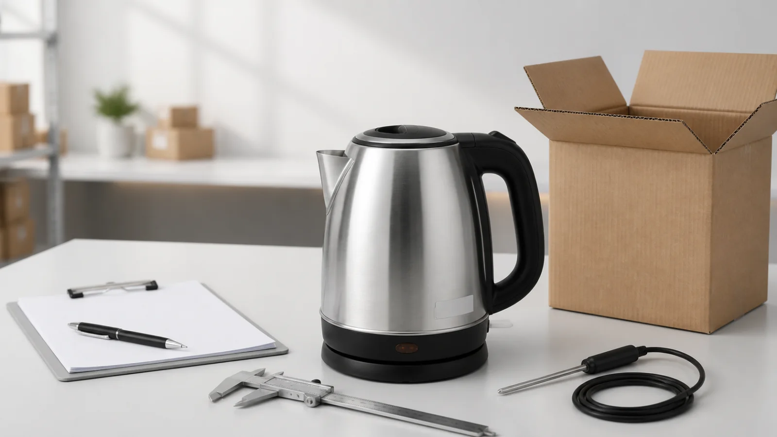 Neutral AI illustration of a generic electric kettle, caliper, temperature probe, blank checklist, and export carton on a quality inspection bench