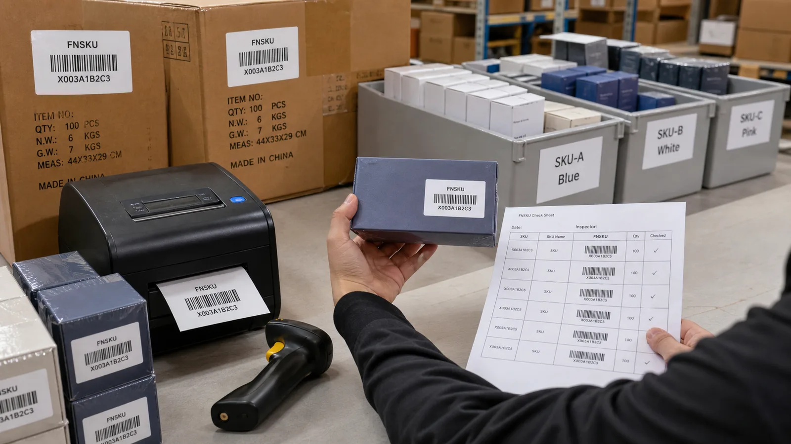 Agent Huang checking FNSKU labels on Amazon FBA goods before they leave China