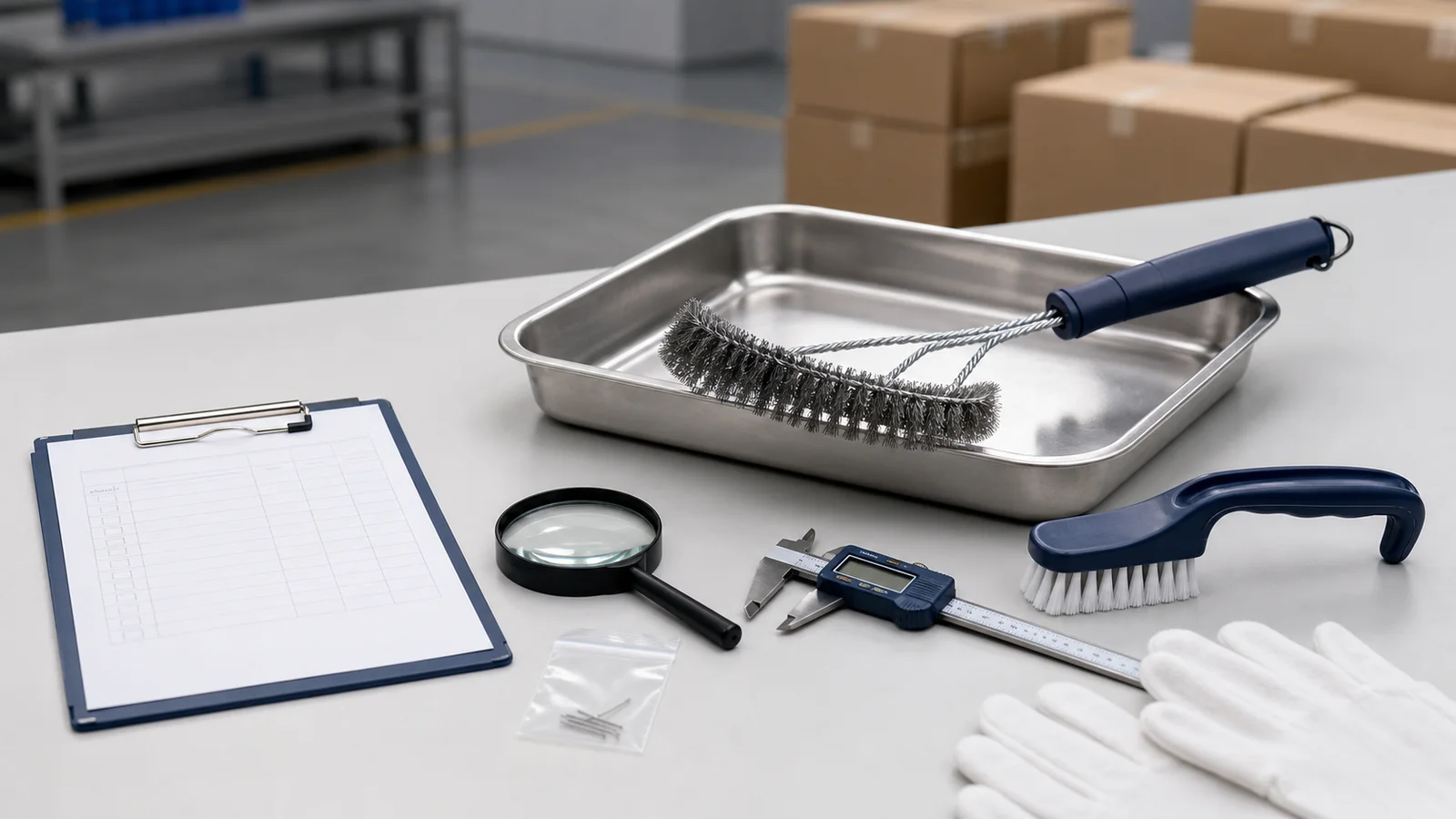 Neutral AI illustration of an unbranded wire grill brush at a buyer-side inspection table with caliper, magnifier, checklist, and evidence bag
