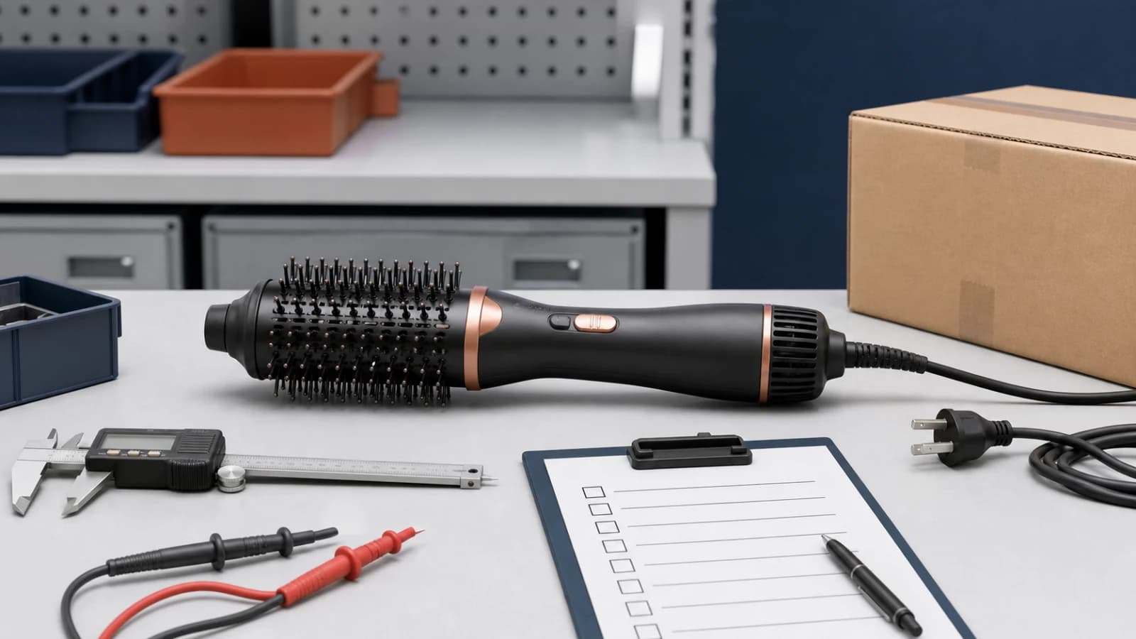 Neutral AI illustration of a generic hot-air hair dryer brush, disconnected test probes, caliper, blank checklist, and export carton on an inspection bench