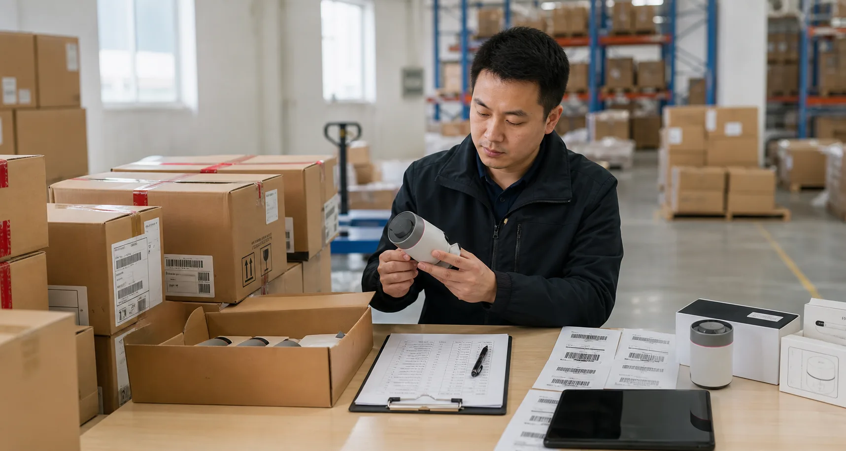 China-side warehouse inspection with cartons and shipment labels