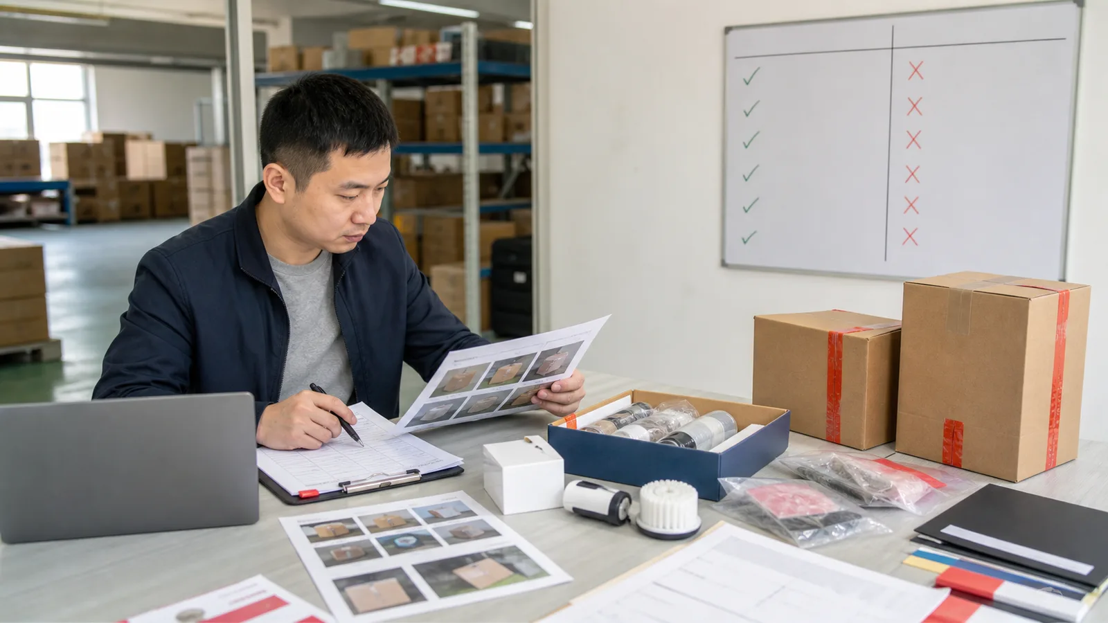Agent Huang reviewing supplier documents, product samples, cartons, and inspection scope evidence in China