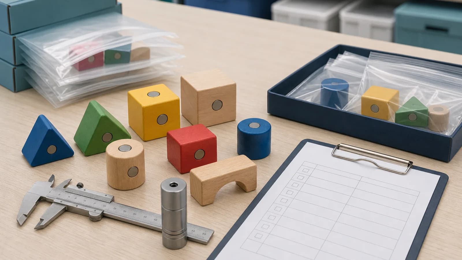 Neutral illustrative inspection bench with unbranded wooden magnetic toy pieces, caliper, gauge, sample bags, and blank checklist before China shipment