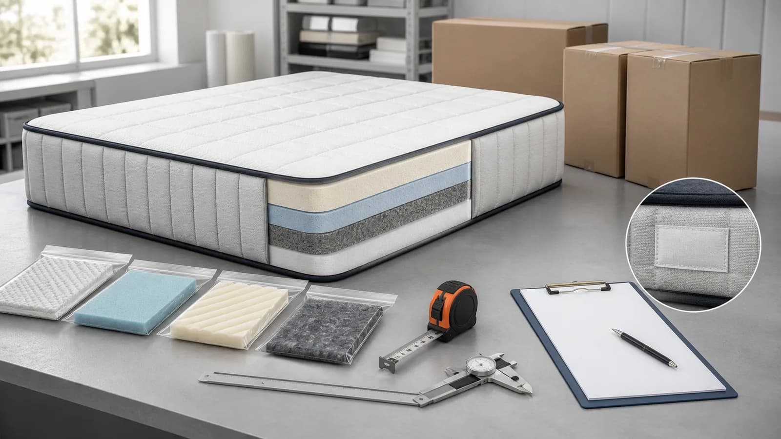 Neutral AI illustration of a generic mattress cutaway, anonymous material samples, blank sewn label, measuring tools, checklist, and export cartons for a China-side evidence review