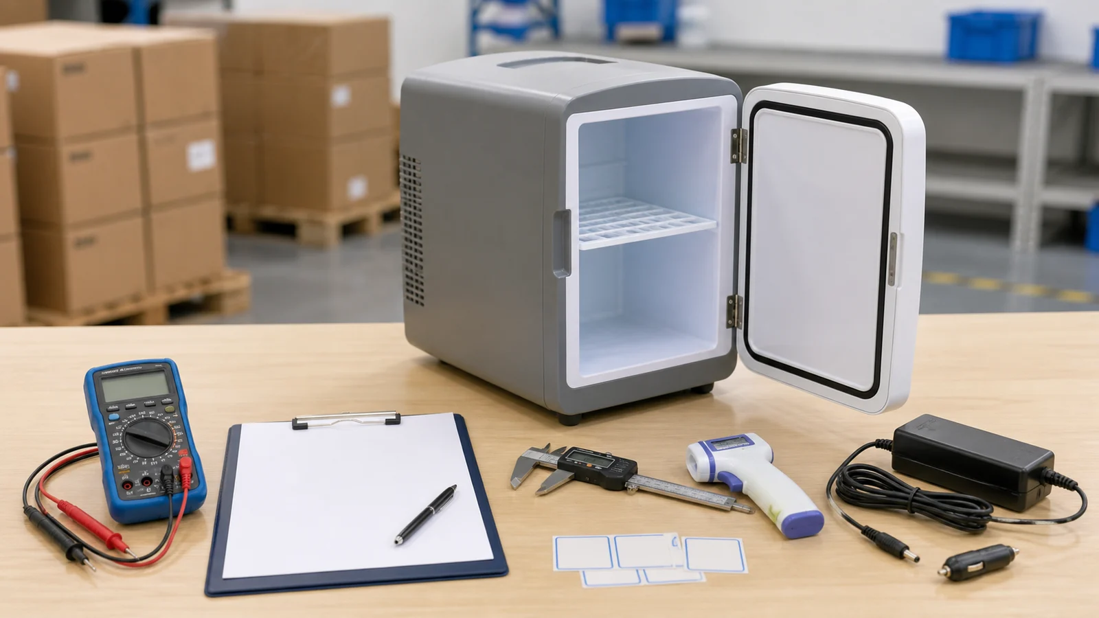 Neutral AI illustration of an unbranded portable mini fridge, power adapter, thermometer, caliper, multimeter, blank checklist, and export cartons on an anonymous quality-control bench