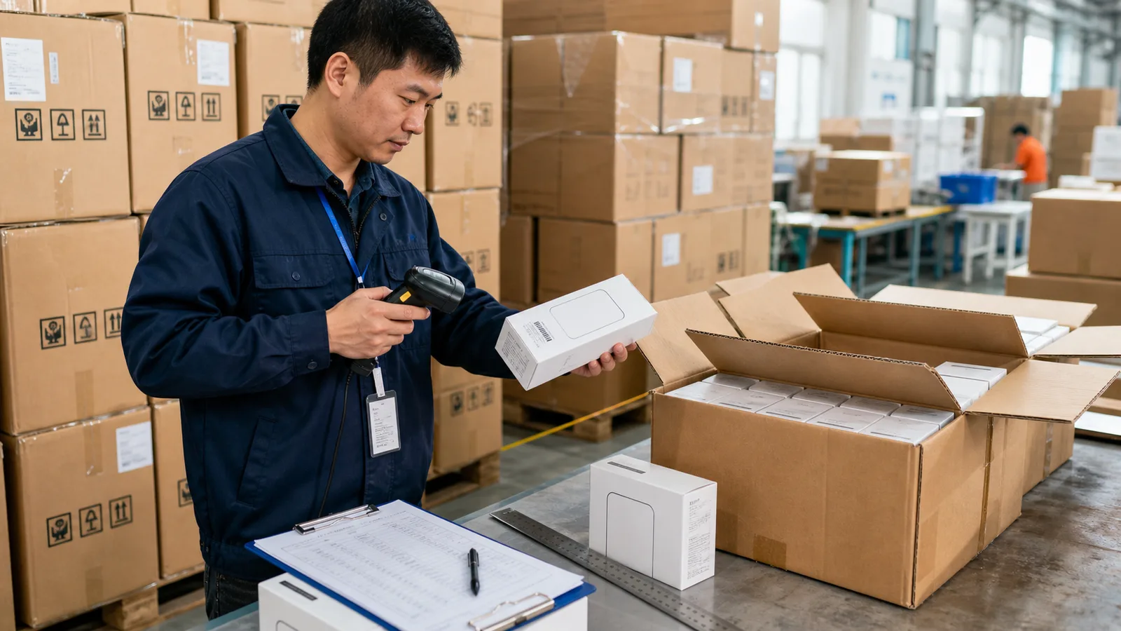 Agent Huang comparing packaging specifications with unit labels and export cartons before final payment