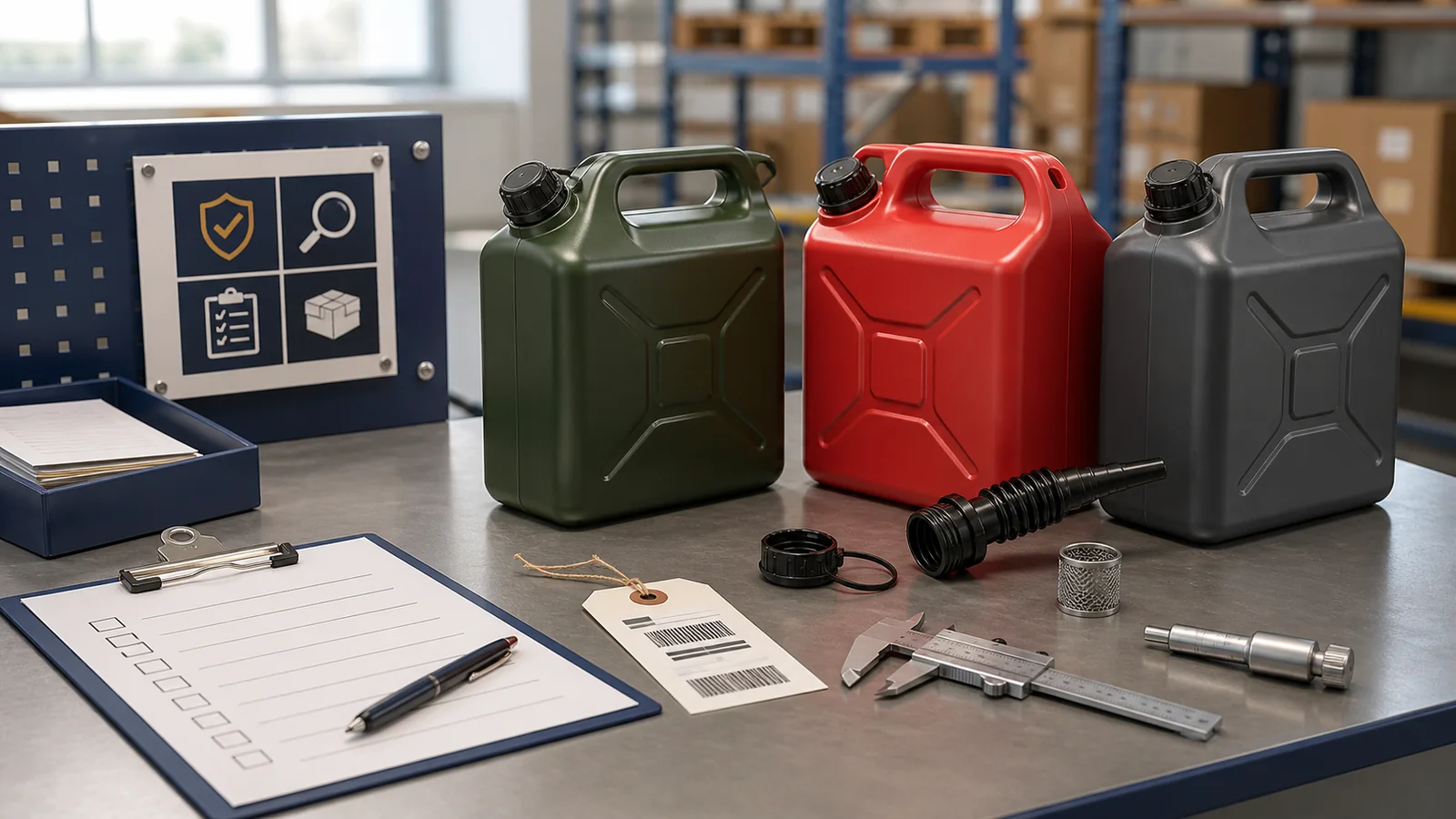 Neutral AI illustration of unbranded portable fuel containers, closure parts, a flame-mitigation insert, measuring tools, and a shipment checklist