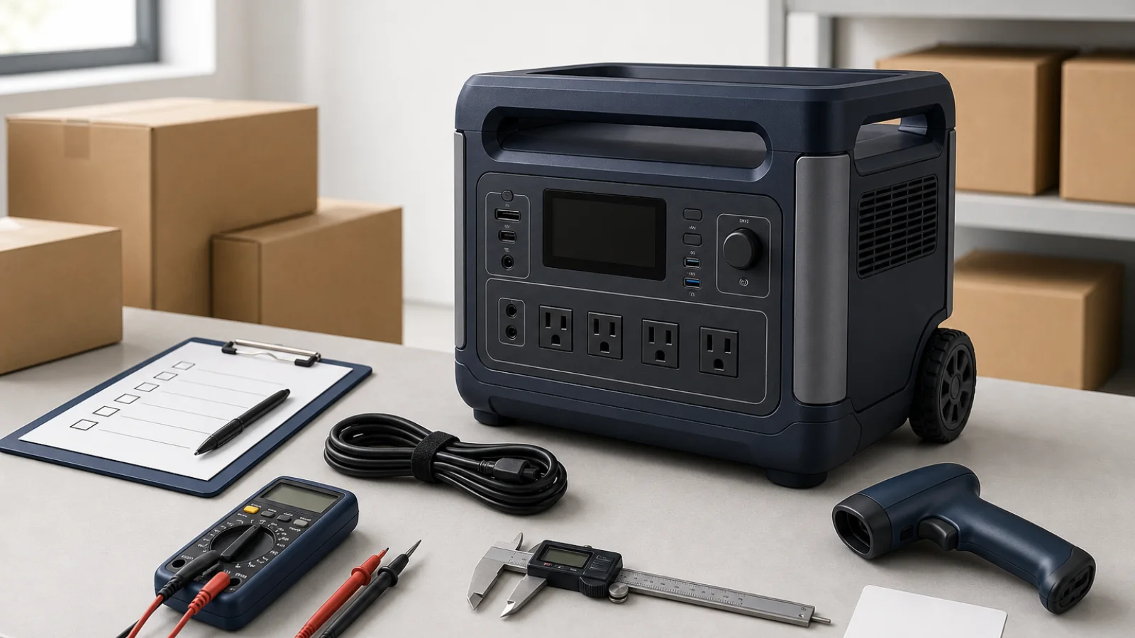 Neutral AI illustration of an unbranded portable power station beside a checklist, multimeter, caliper, scanner, and export cartons