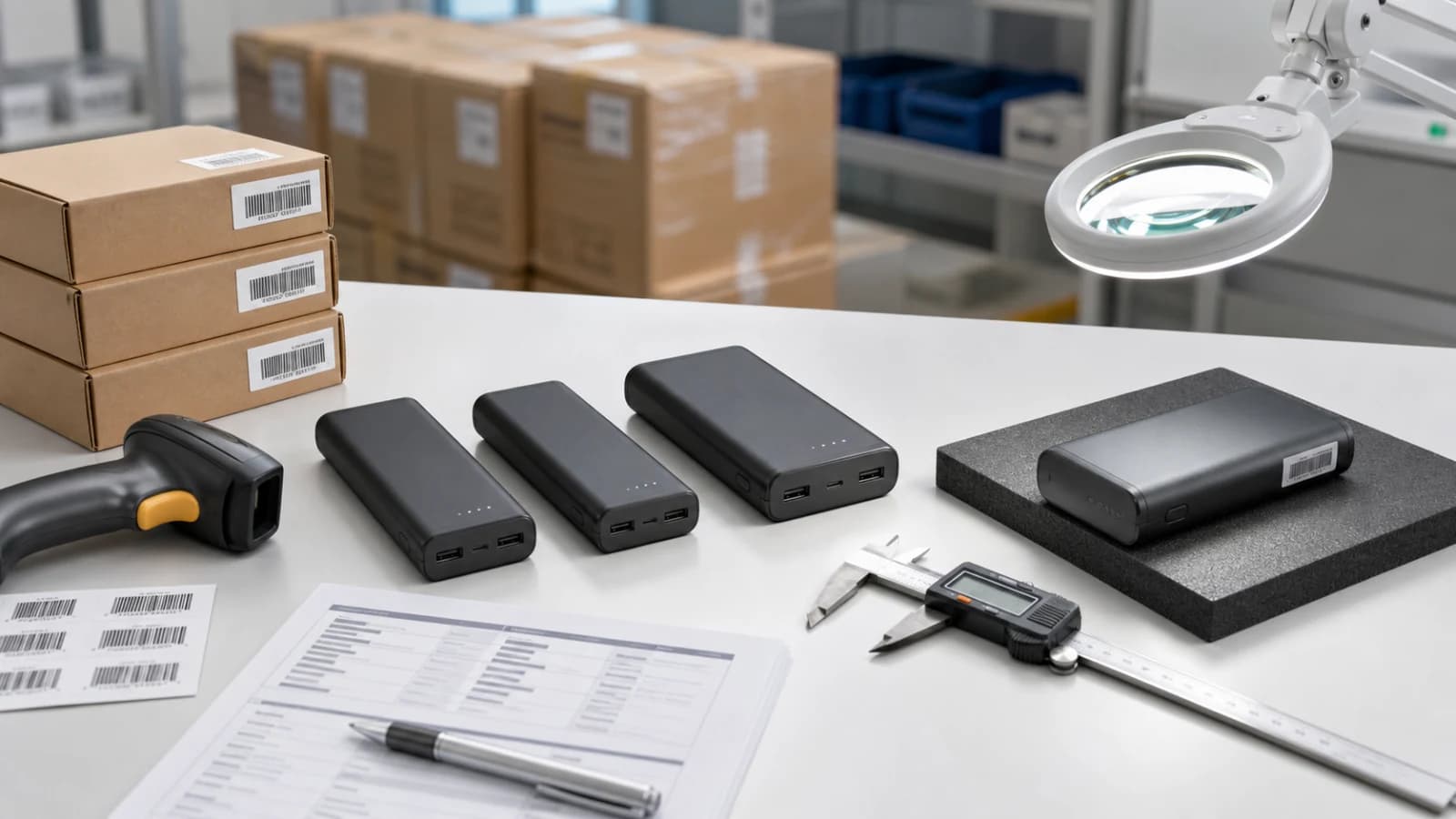 Neutral illustrative quality inspection of generic power banks, batch labels, cartons, scanner, and caliper before China shipment