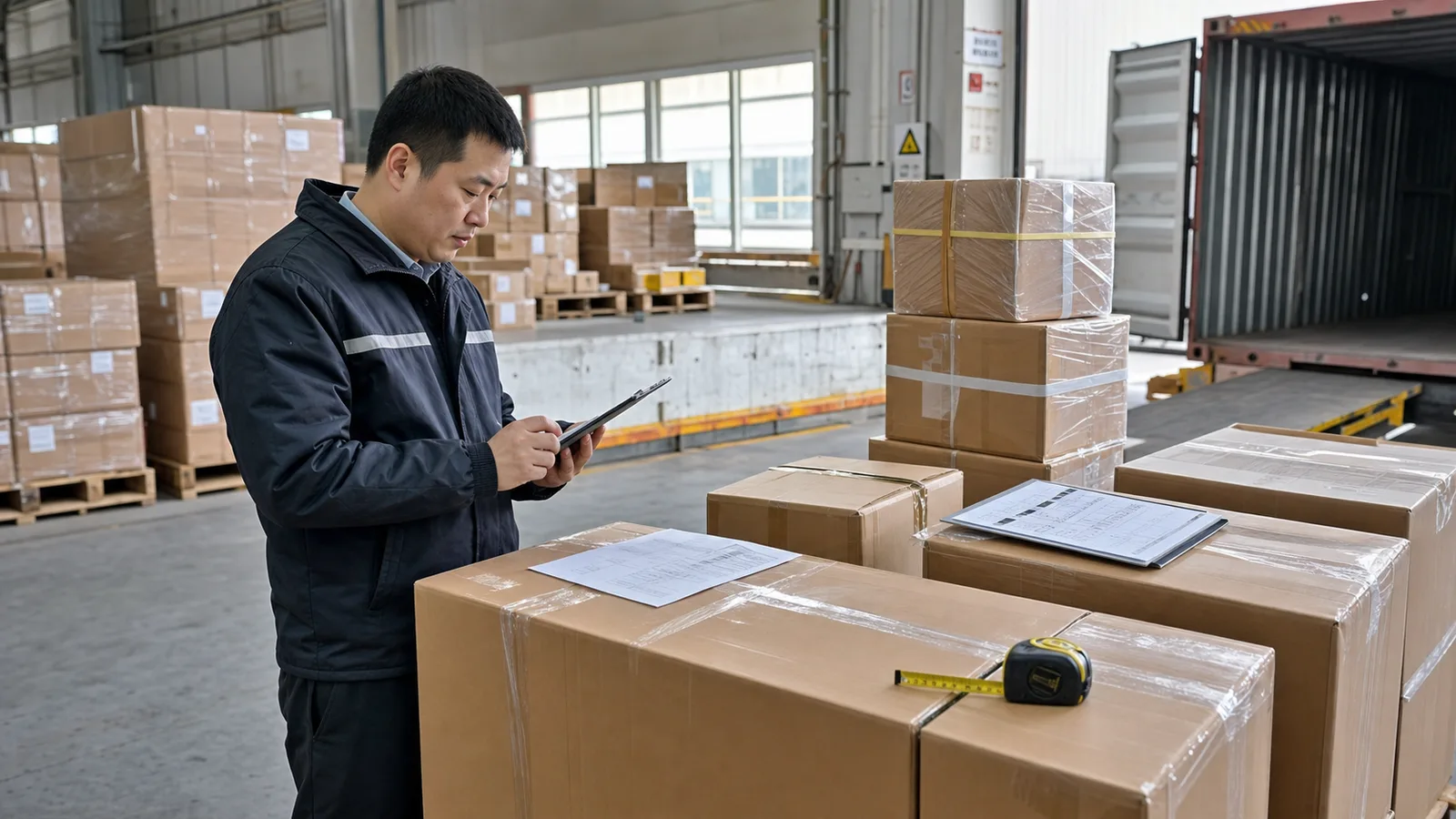 Agent Huang checking packed export cartons before forwarder pickup in China