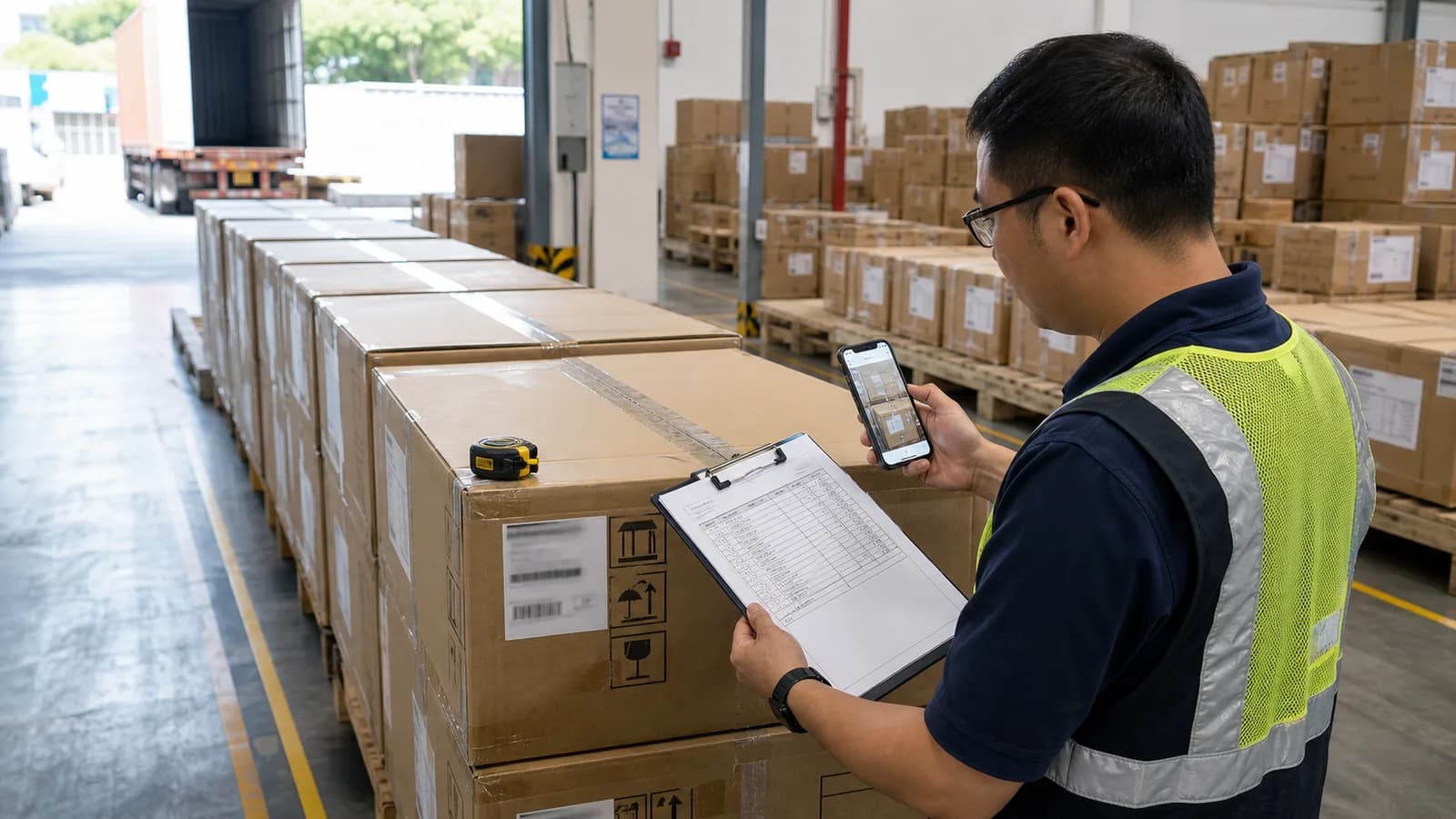 Agent Huang checking staged export cartons and pickup documents before forwarder pickup in China