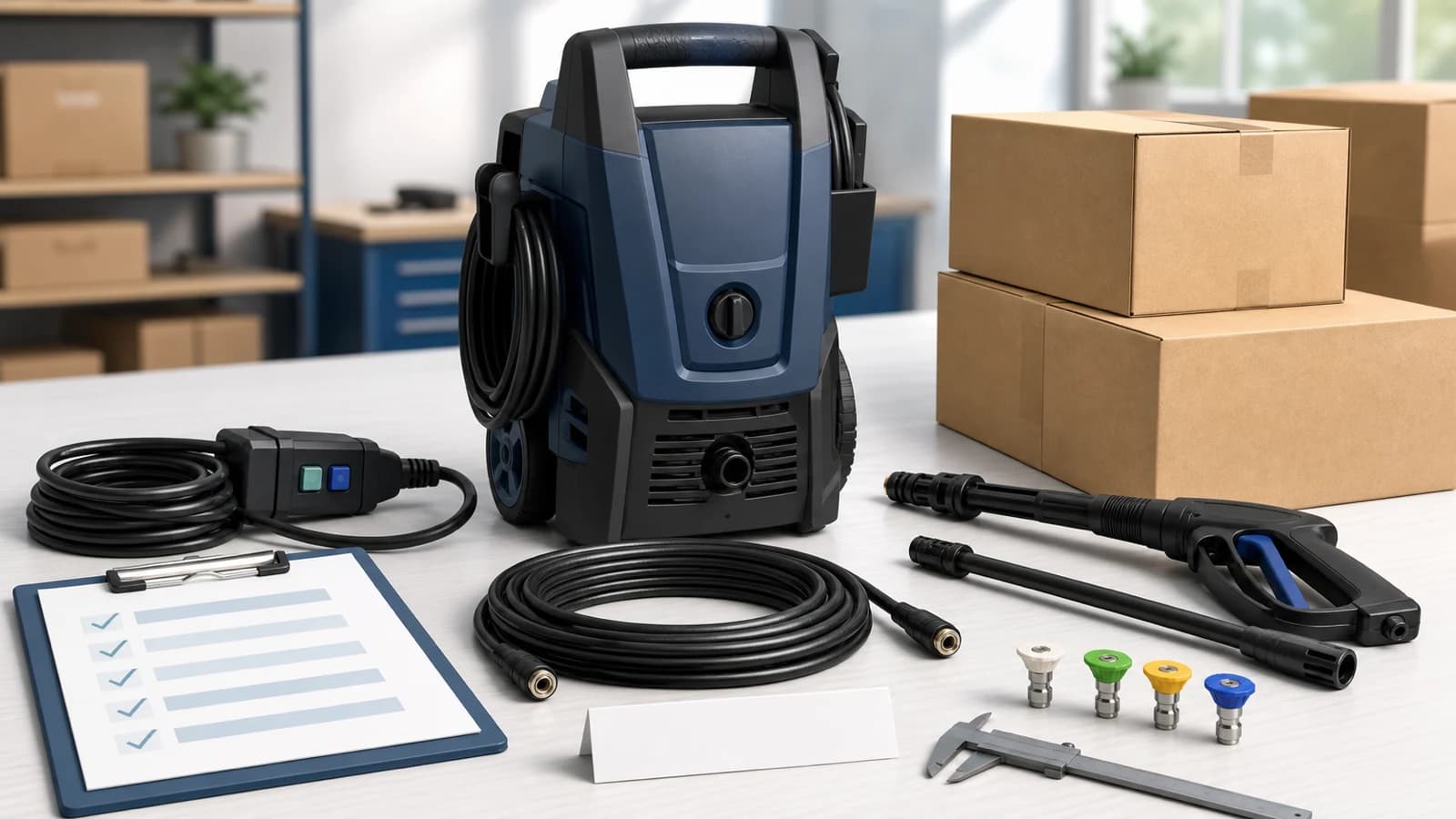 Neutral AI illustration of an unbranded electric pressure washer, integral GFCI-style plug, hose, nozzles, inspection tools, checklist, and shipping cartons