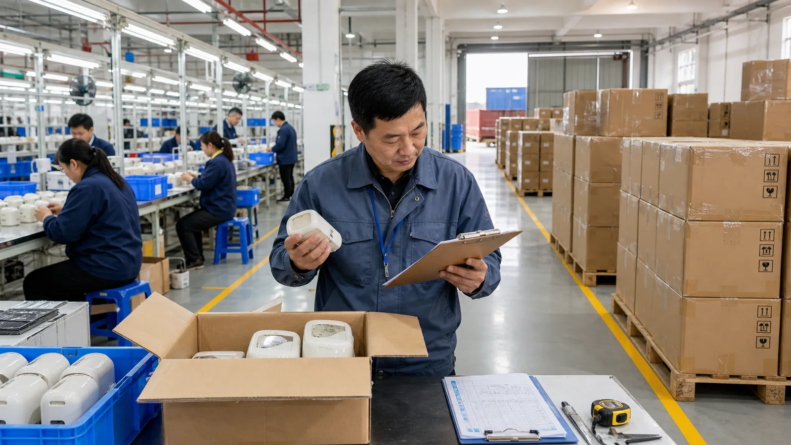 Agent Huang checking in-process goods and packed export cartons to choose inspection timing in China