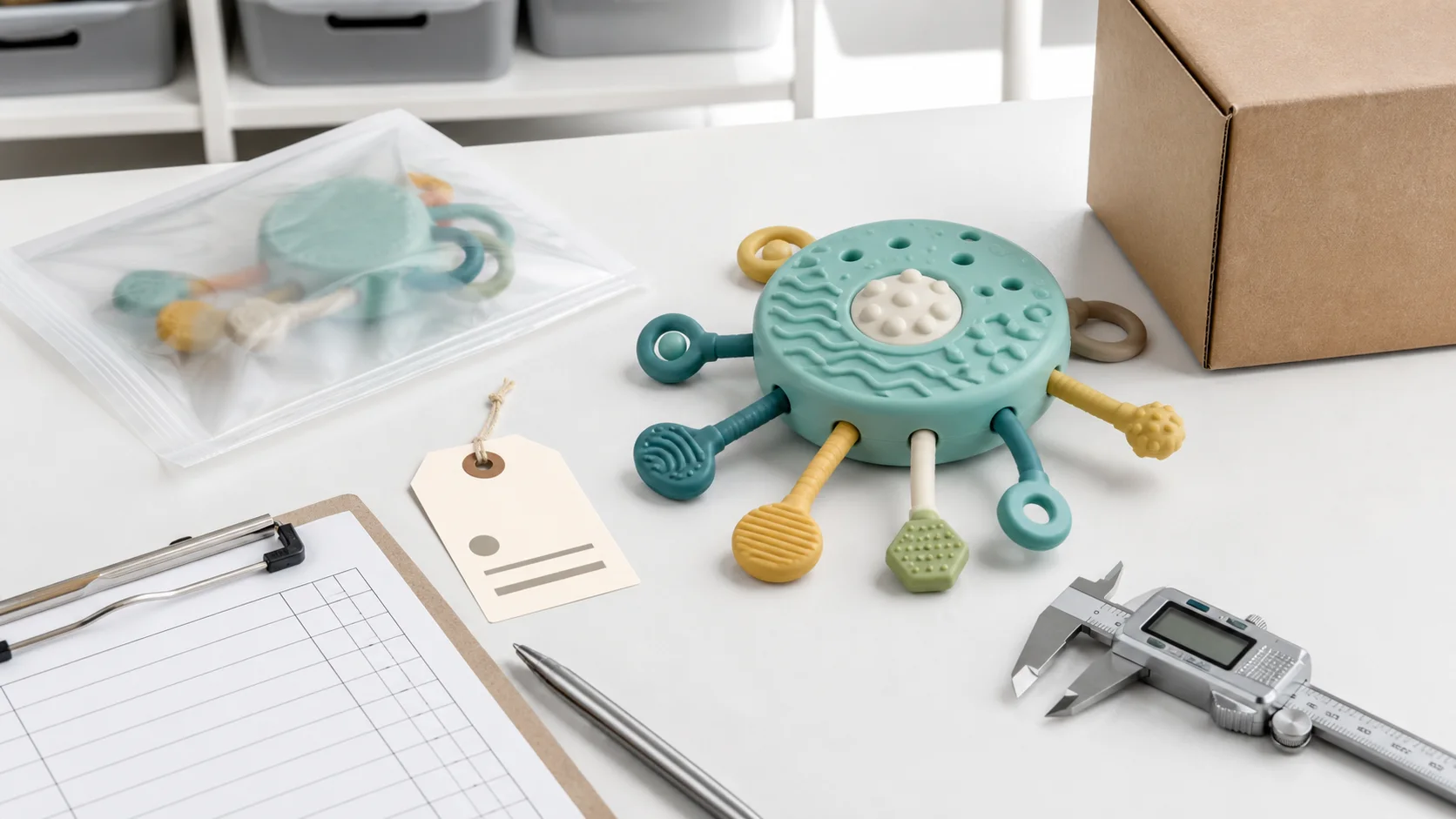 Neutral AI illustration of a generic silicone sensory toy, caliper, blank checklist, batch tag, sample pouch, and carton on an inspection desk