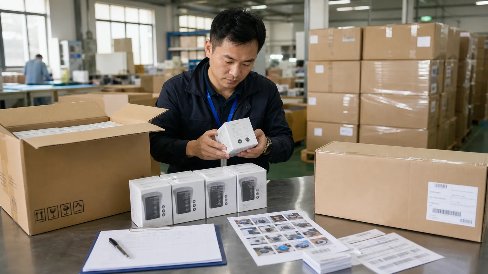 China-side QC inspector checking finished goods packaging and carton labels before balance payment