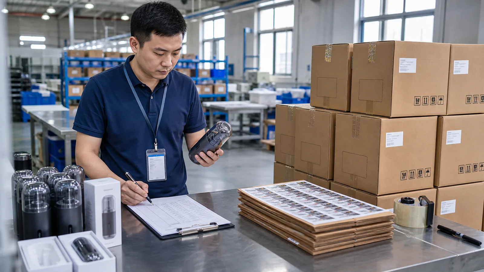 China-side inspector comparing finished goods, packing, and cartons for QC and pre-shipment inspection scope