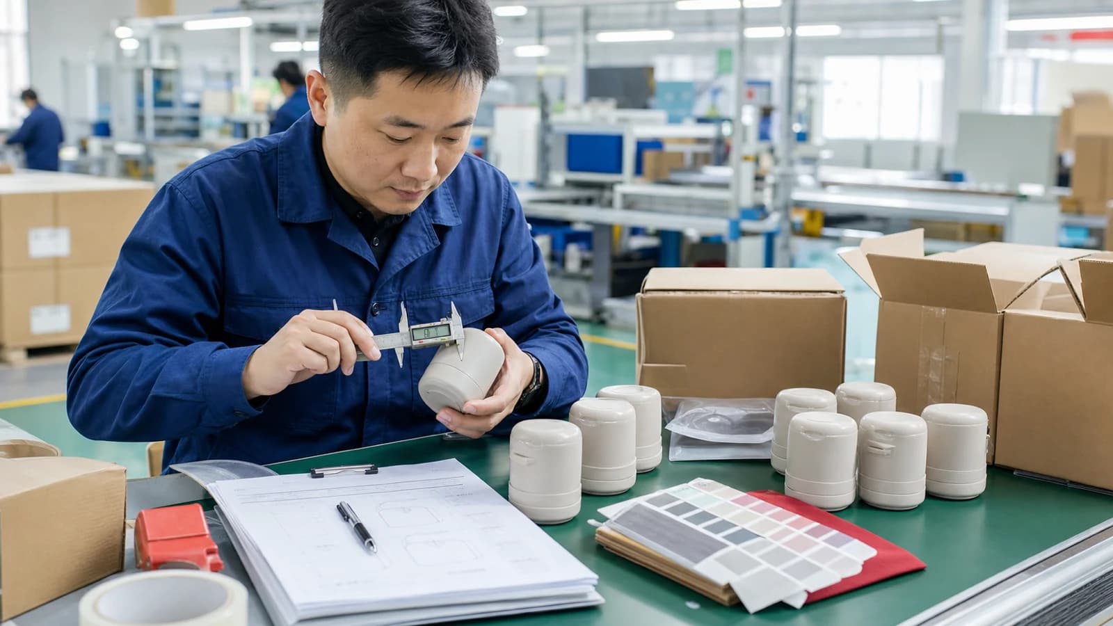 Quality inspector measuring a finished product during China manufacturing quality control