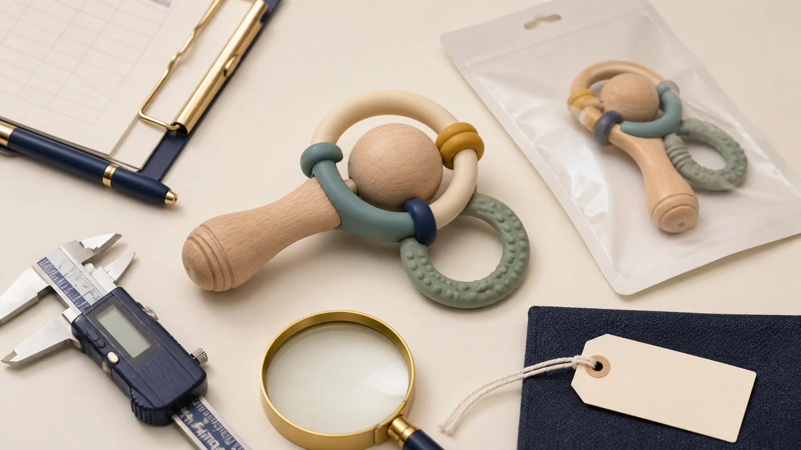 Neutral AI illustration of an unbranded infant rattle and teether at a buyer-side inspection table with caliper, magnifier, sample bag, and blank batch tag