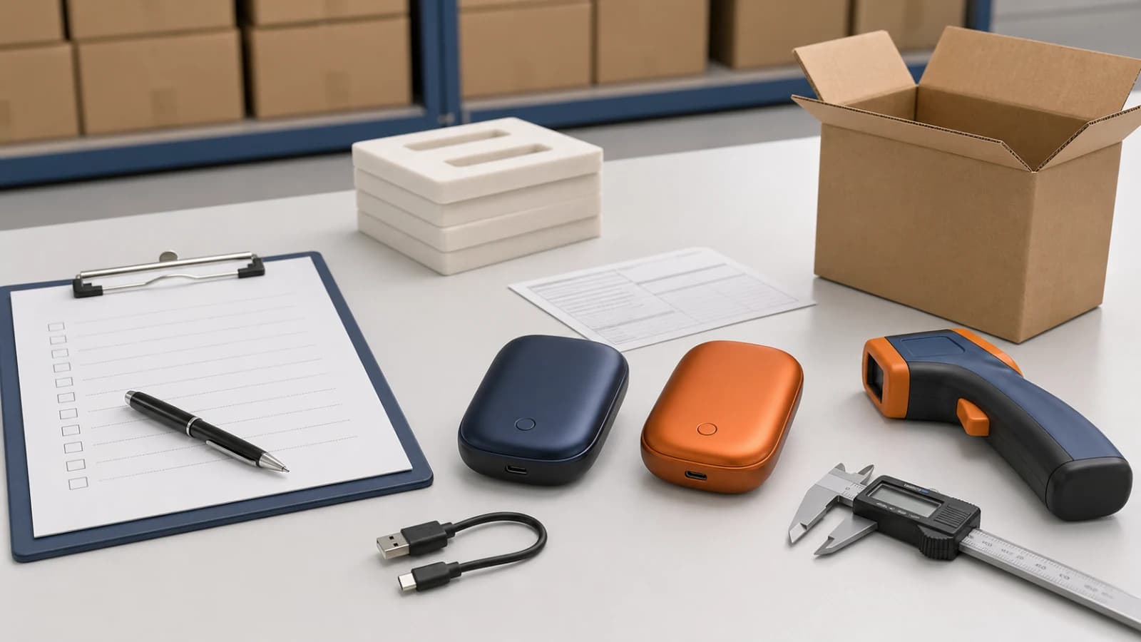 Neutral AI illustration of two generic rechargeable hand warmers, an infrared thermometer, caliper, blank checklist, cable, packaging insert, and export carton on an inspection bench